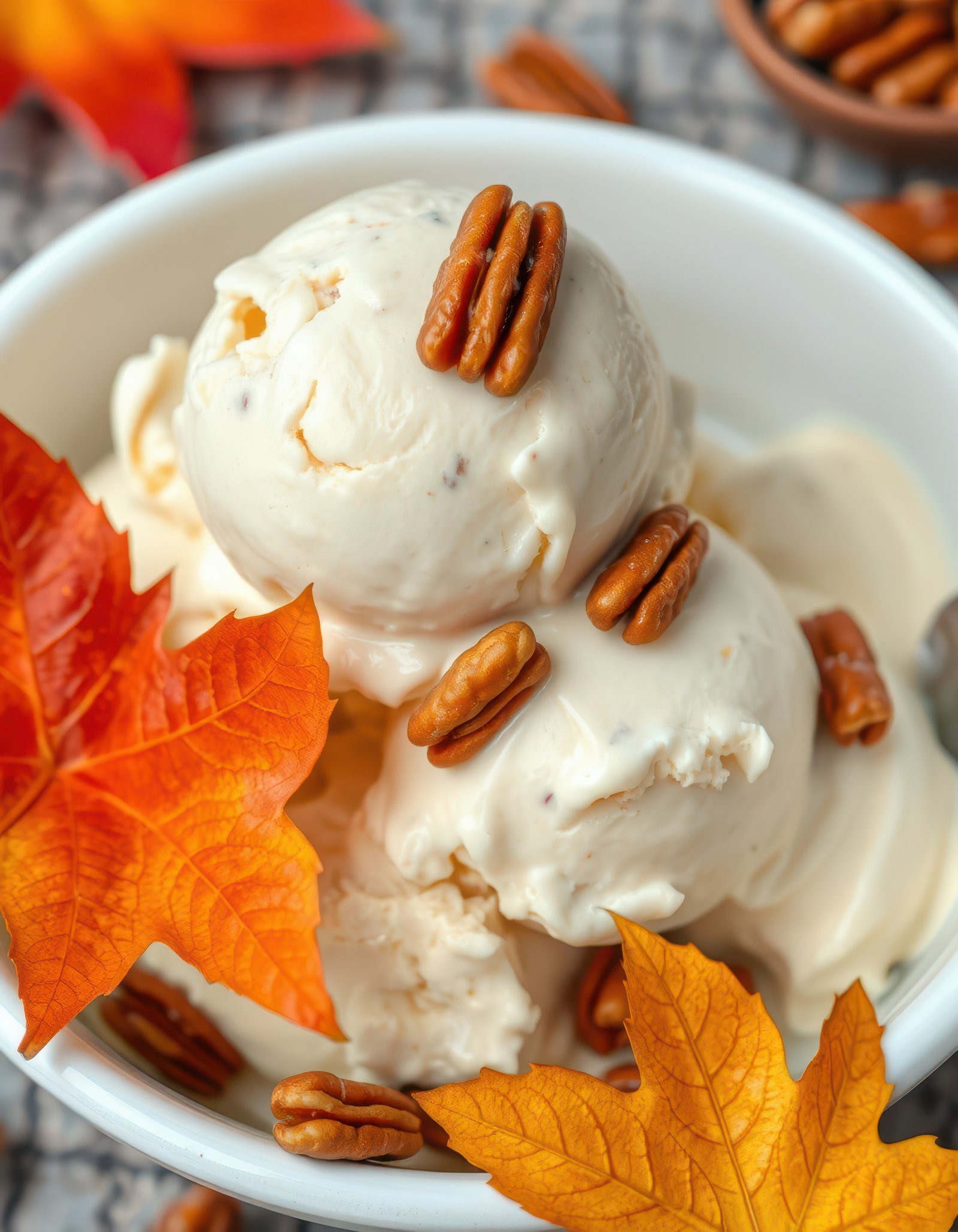 Creamy ice cream topped with pecans and surrounded by colorful autumn leaves in a cozy setting